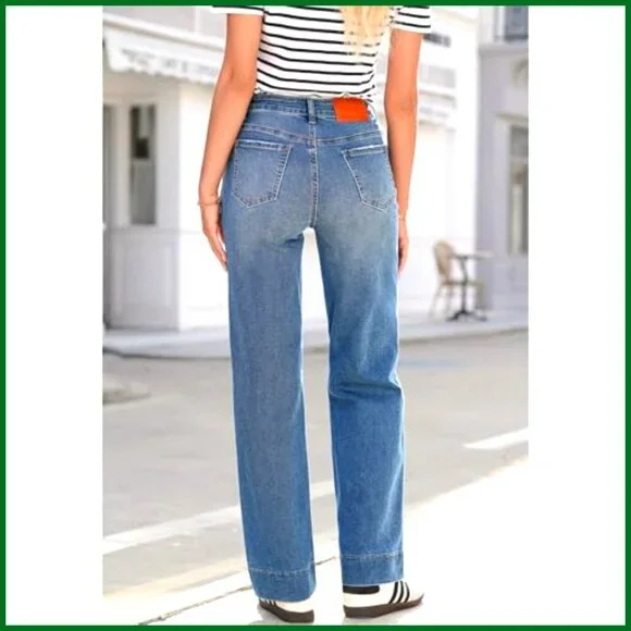 High Waisted Wide Leg Jeans Stretchy Straight Leg Baggy Drawstring Denim Pants - Picture 2 of 7